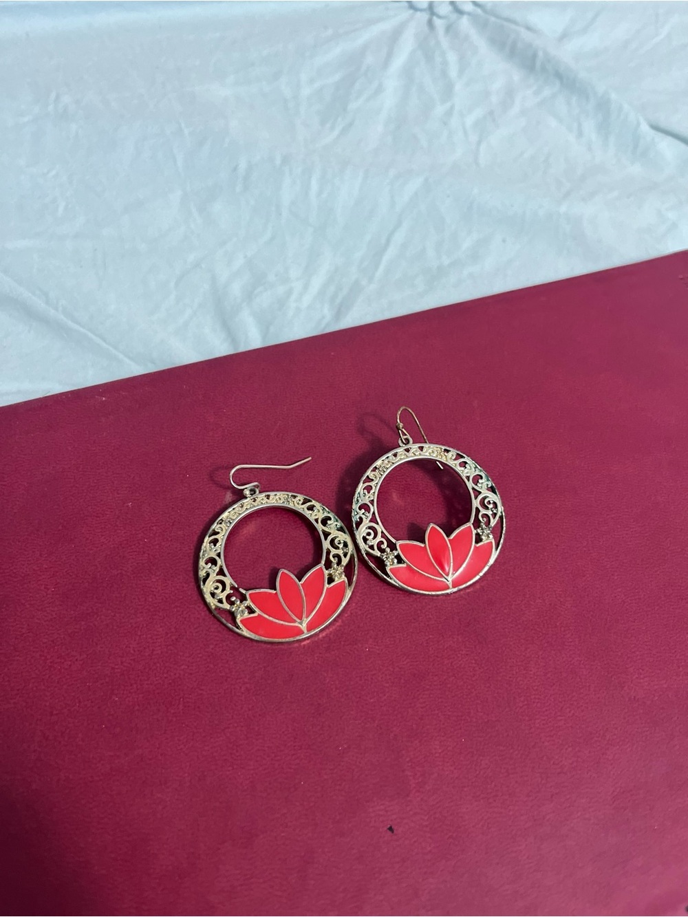 Silver Hoop Earrings with Red Lotus Accent